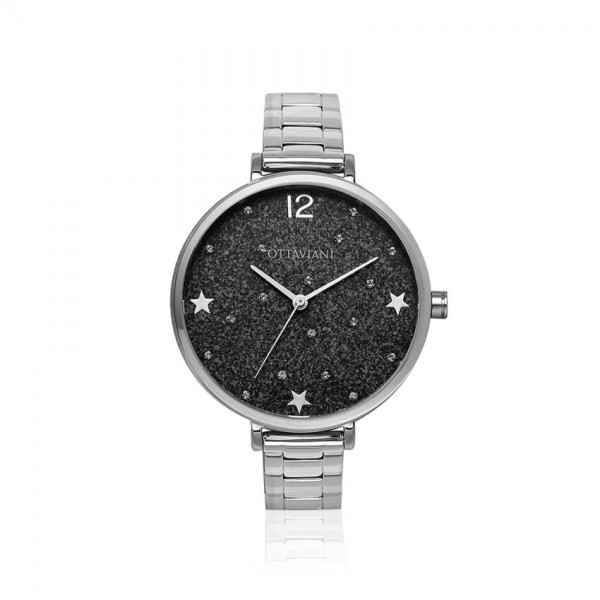 Ottaviani orologio donna con quadrante nero con glitter e stelle e cinturino in acciaio
