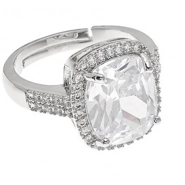 Anello solitario Ottaviani 501083A in metallo rodiato con zircone centrale e contorno di luce.