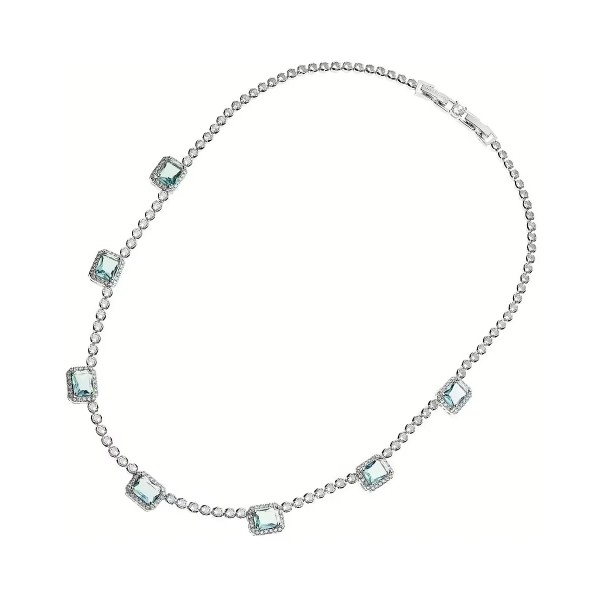 Girocollo Ottaviani 501131C in metallo rodiato con zirconi celesti taglio rettangolare e contorno di zirconi bianchi.