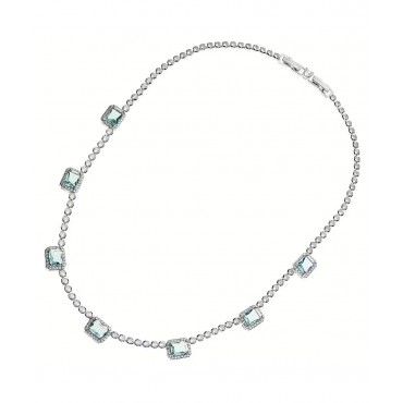 Girocollo Ottaviani 501131C in metallo rodiato con zirconi celesti taglio rettangolare e contorno di zirconi bianchi.