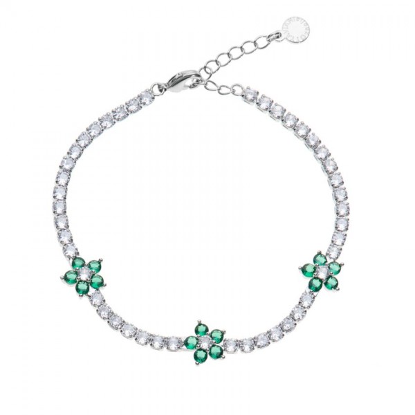 Bracciale Ottaviani 501126B modello tennis con zirconi bianchi e fiori verdi incastonati.
