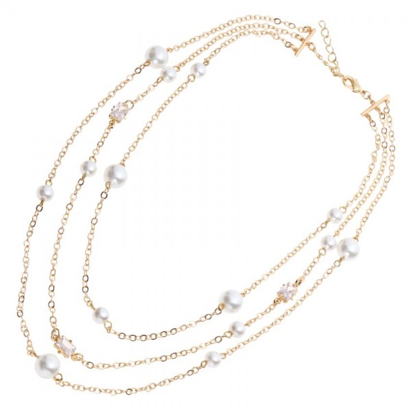Collana Ottaviani 501174C dorata da donna con 3 fili, perle e zirconi bianchi